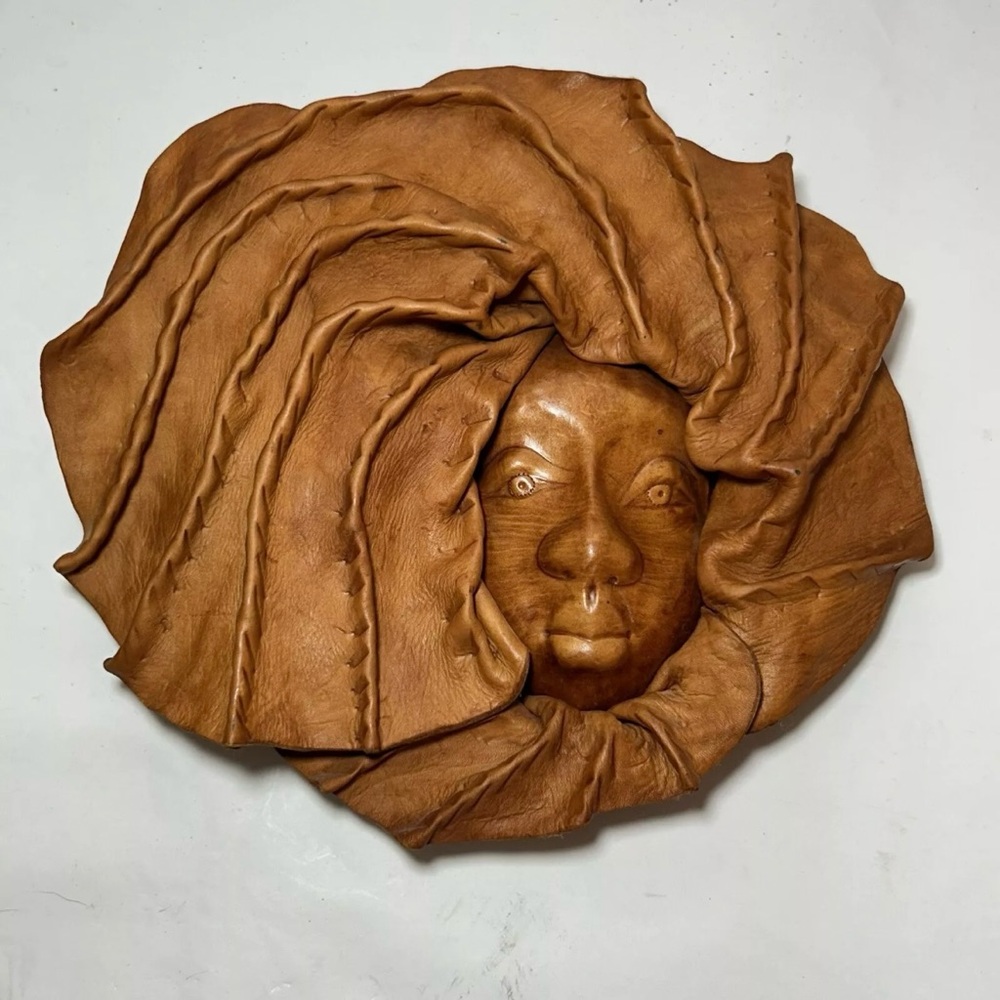 Haiti Leather Molded Face Sculpture Hand Tooled Mask Hanging Wall Art 9.5”x8.5”